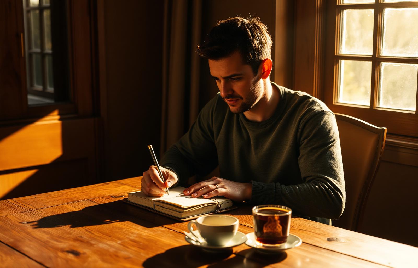 A man journaling at a wooden table in warm morning light with coffee