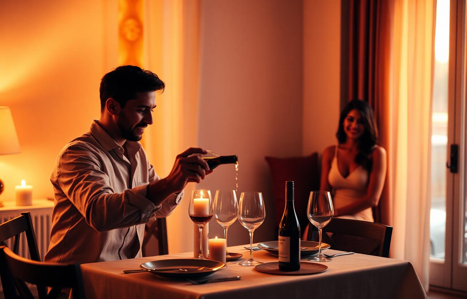 A man pouring wine at a candlelit dinner table set for two