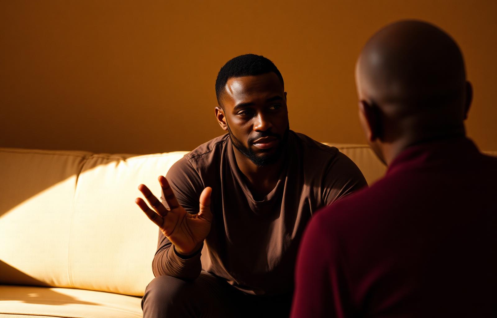 A man sitting on a couch, listening intently to his partner with open hands