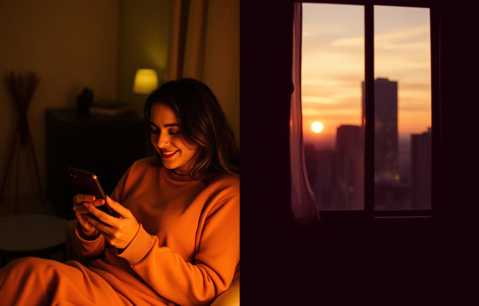 A partner smiles at her phone in a warmly lit apartment while, across the world, her partner watches the sunrise from a city window.