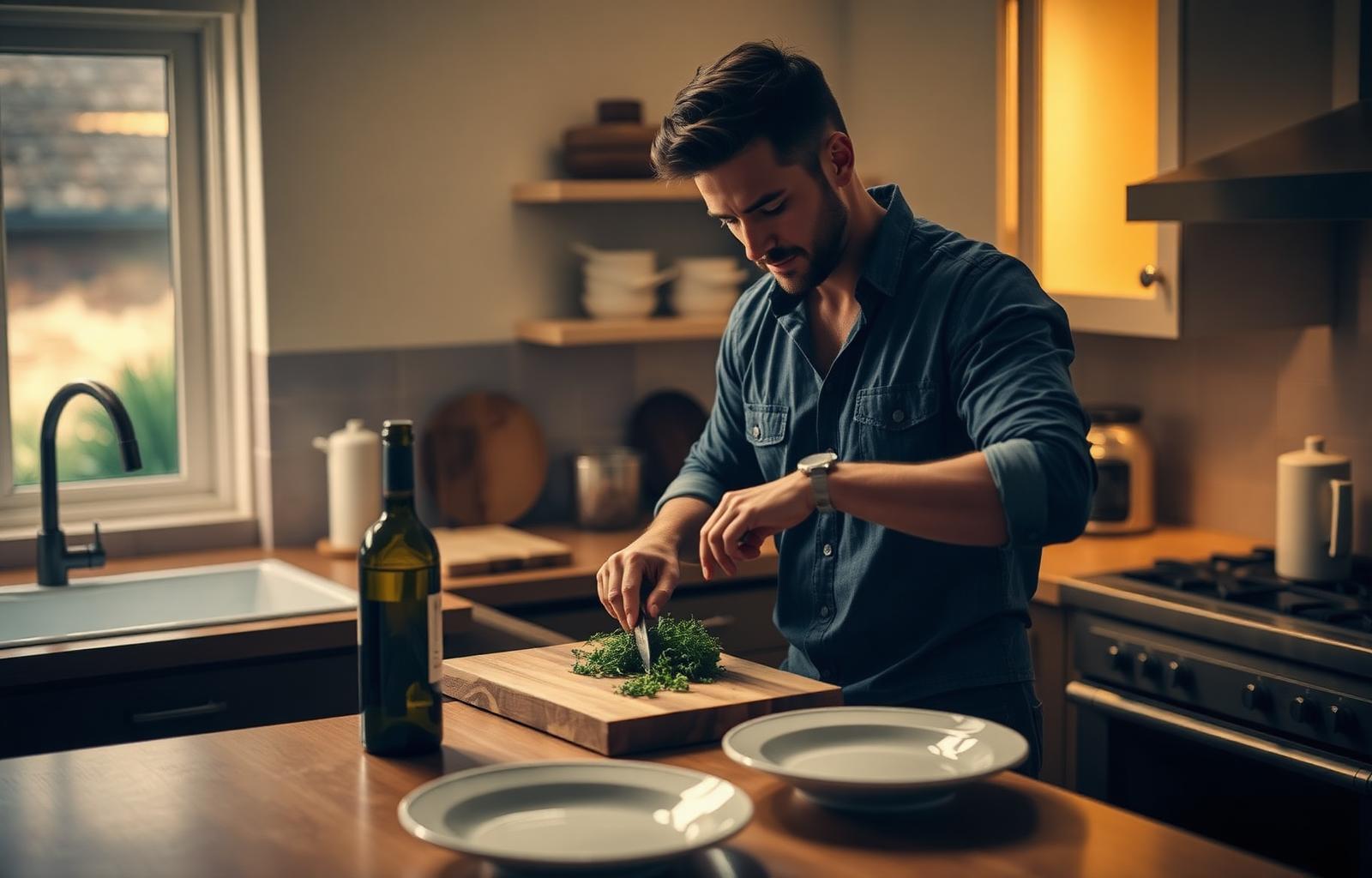 A man in a denim shirt chopping herbs in a kitchen, cooking a date-night dinner