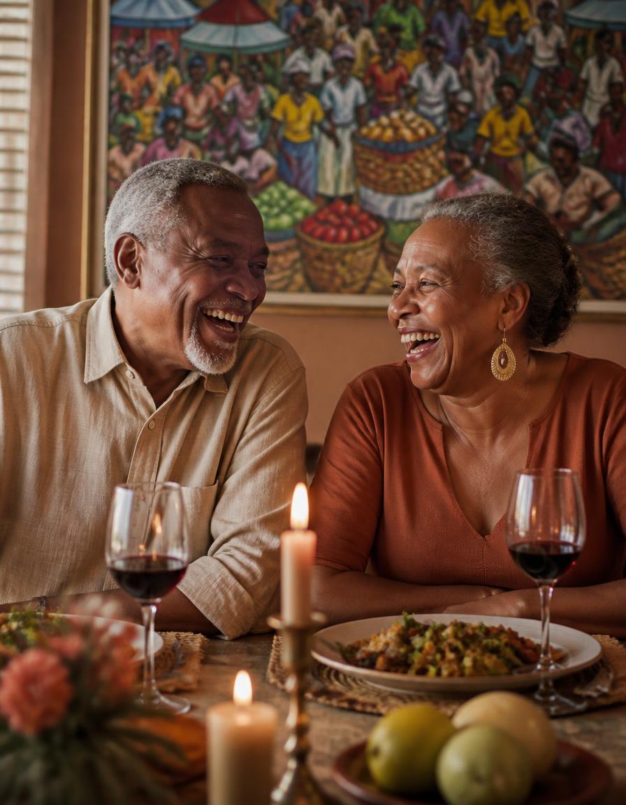 An older Black couple laughing over dinner beneath a Haitian naïf market painting