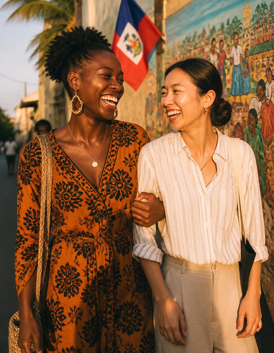 Two women walking home arm in arm past a Haitian mural at golden hour