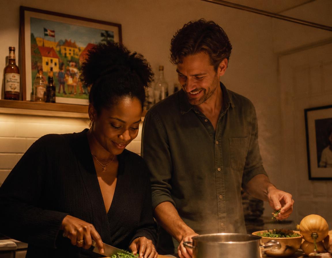 An interracial couple cooking side by side in a warm kitchen