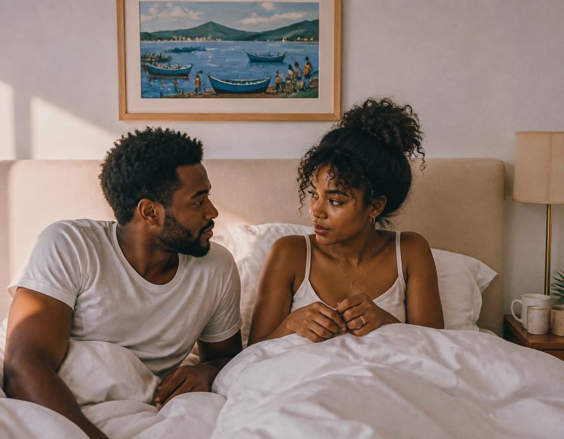A Black couple talking in bed in the morning light