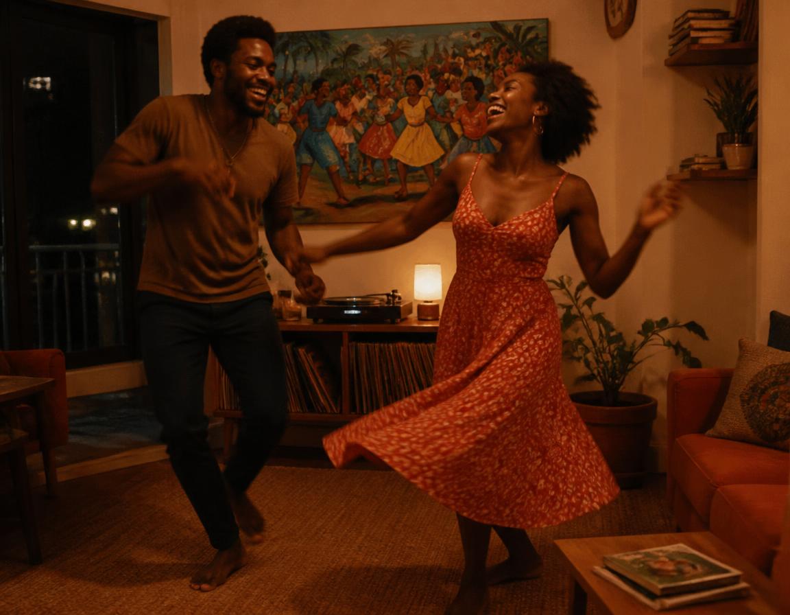 A young Black couple dancing barefoot in their living room