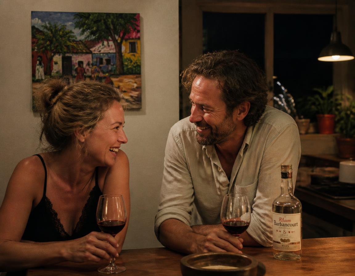 A couple in their forties laughing over wine at the kitchen counter