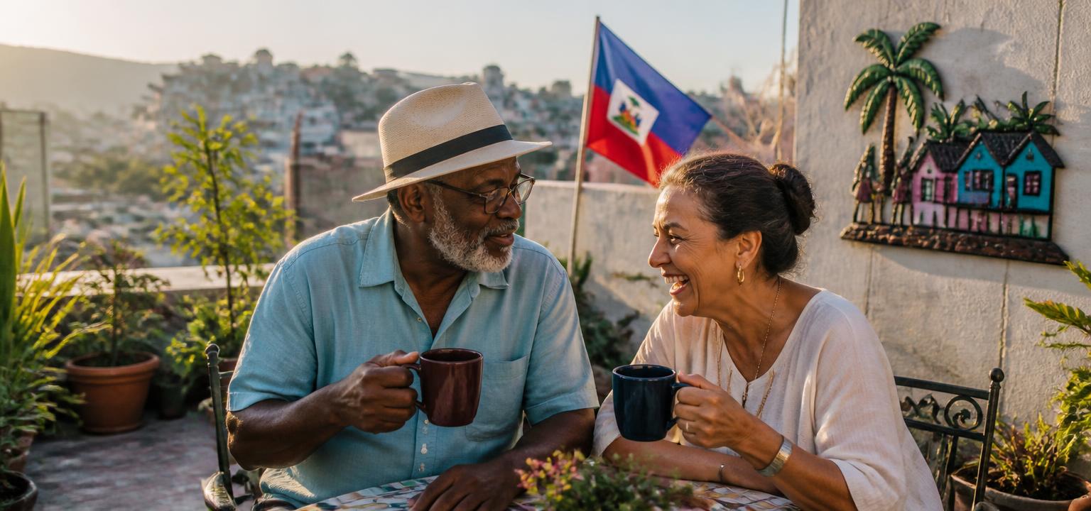 An older couple sharing coffee on a sunlit rooftop terrace