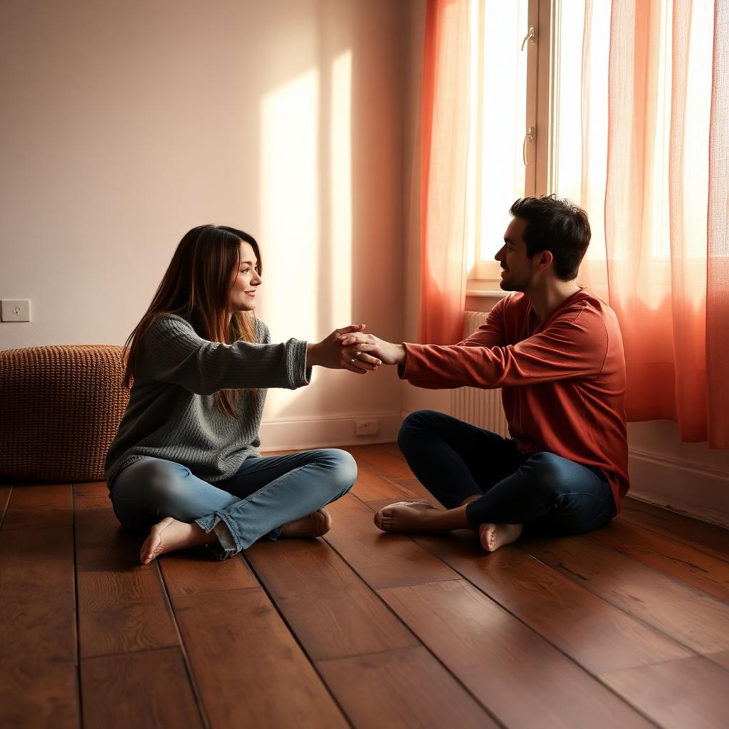 A couple talking through something difficult on a sofa