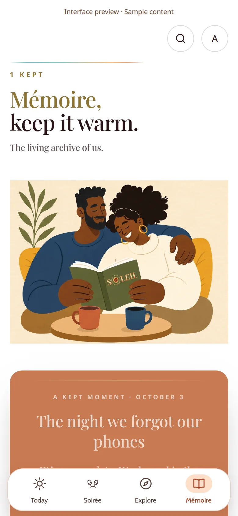 Mémoire screen with the approved reading-couple illustration and one sample kept moment