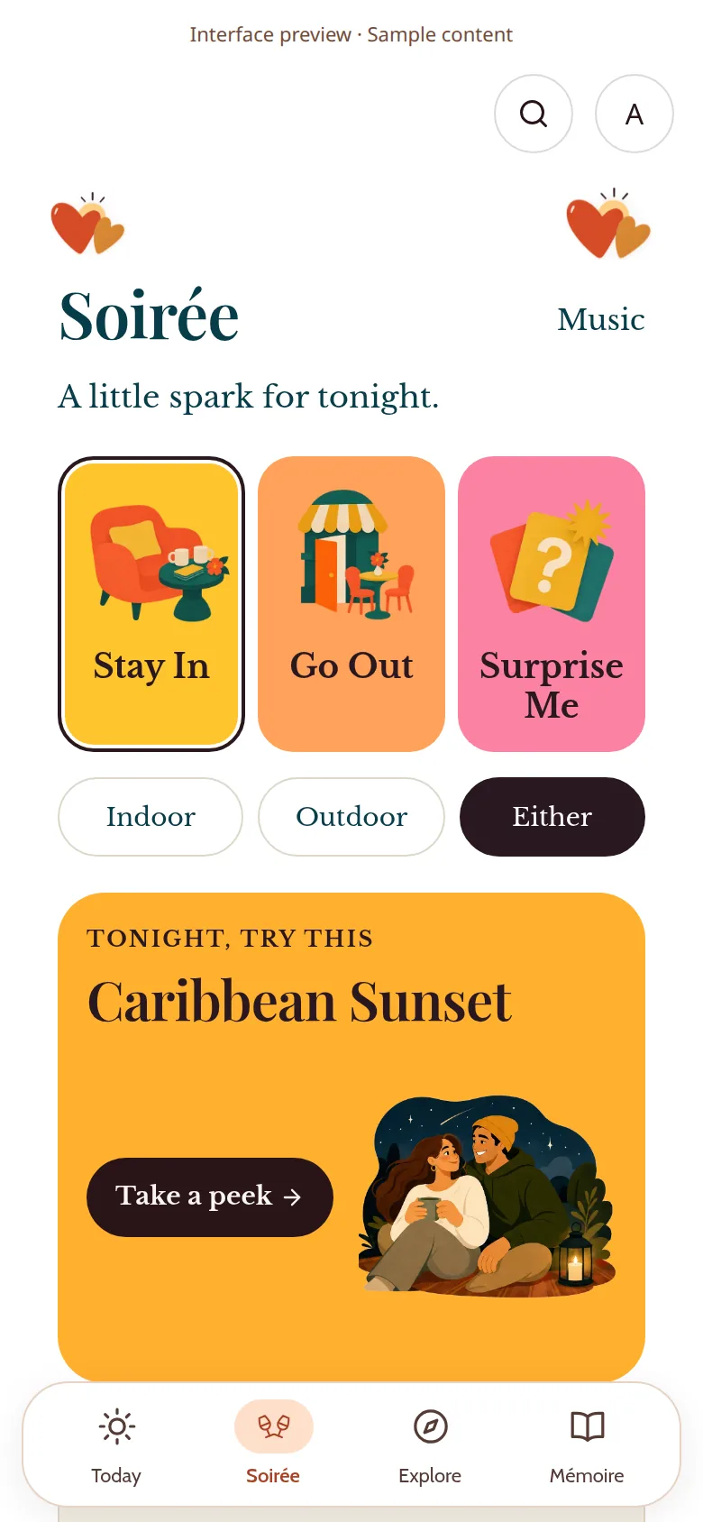 Soirée screen with sample content: Stay In, Go Out and Surprise Me choices, indoor and outdoor filters, and tonight’s Caribbean Sunset suggestion