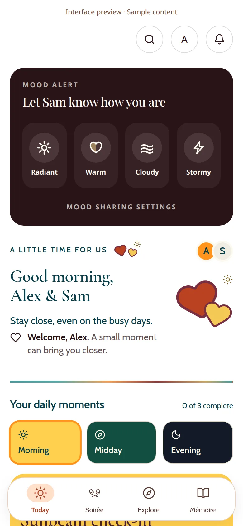 Today screen with sample names Alex and Sam: a mood alert, a welcome greeting, and three daily moments
