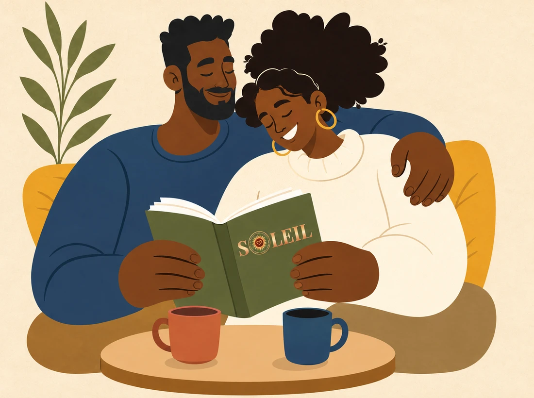 A Black couple reading together in a yellow chair, with two mugs on the table