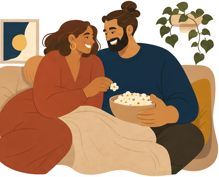 A full-figured couple sharing popcorn and a blanket on their sofa