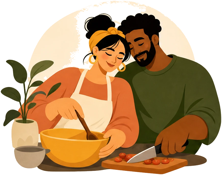 A multiracial couple preparing a meal together with a yellow mixing bowl