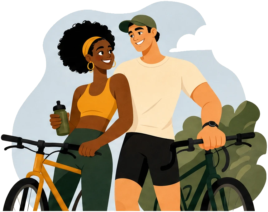 A multiracial couple pausing with their bicycles and a water bottle