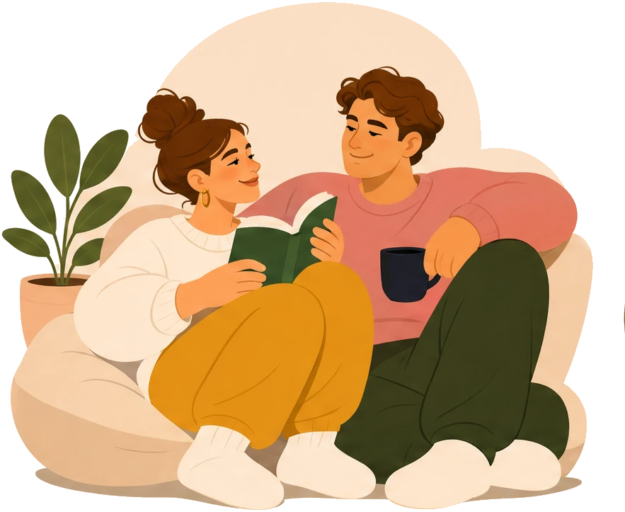 Two partners in relaxed clothes sharing a book and a warm drink on their sofa