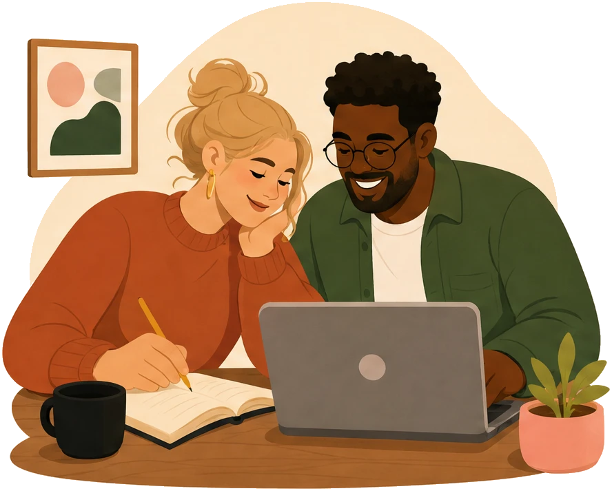 A multiracial couple writing in a notebook and making plans together at a laptop