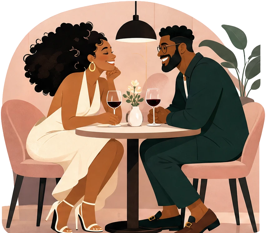 A Black couple dressed for dinner, talking across a restaurant table