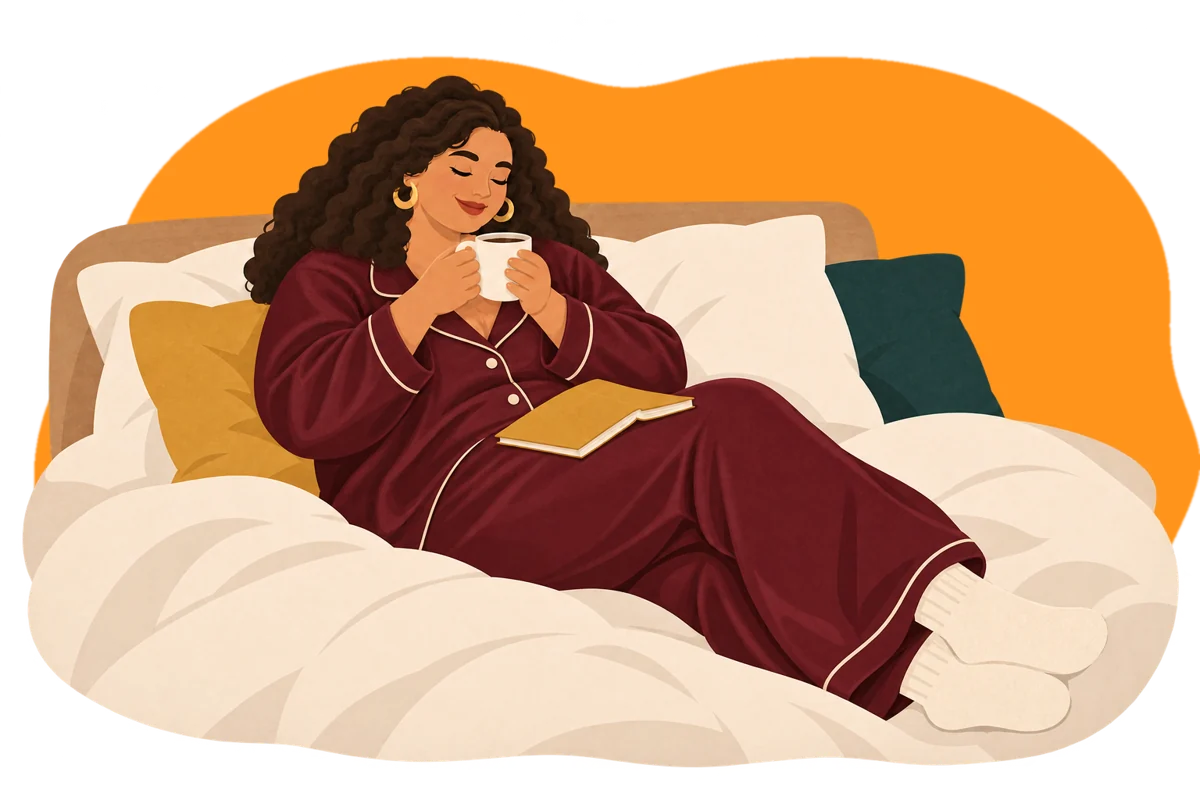 A woman with dark curls relaxing in bed in burgundy pajamas, legs crossed, holding a warm cup of coffee