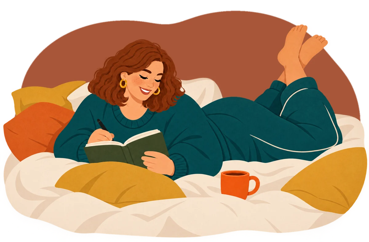A woman with auburn hair lounging on her bed in a teal lounge set, ankles crossed, writing in her journal